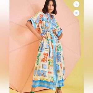 HUNTER BELL Multicolor Printed Maxi Dress with Blue Trim